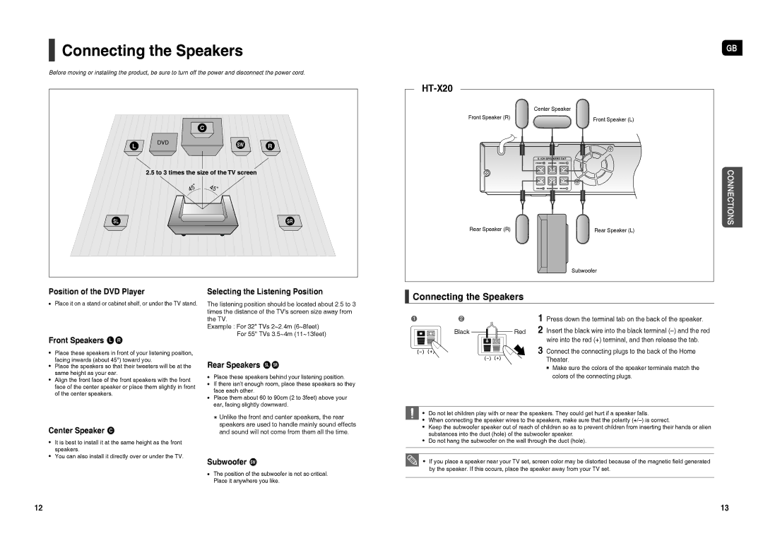 Samsung HT-X20R/NWT, HT-TX22R/NWT, HT-TX25R/NWT manual Connecting the Speakers 