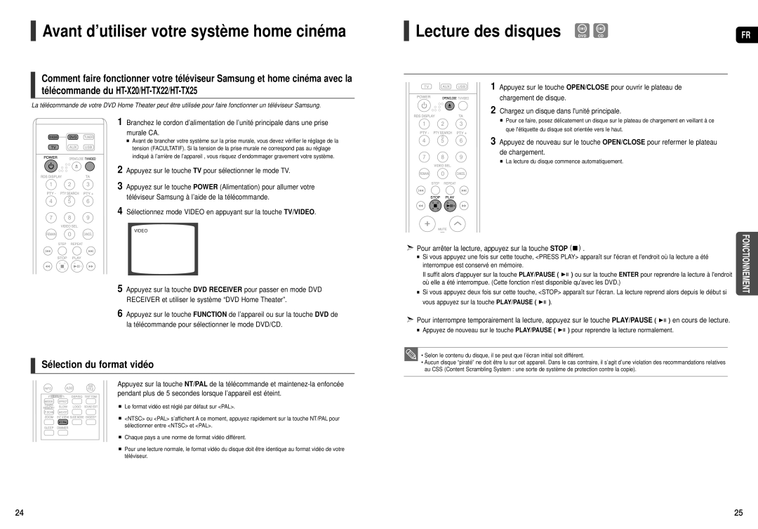 Samsung HT-X20R/XEF, HT-TX22R/XEF manual Lecture des disques DVD CD, Pour arrêter la lecture, appuyez sur la touche Stop 