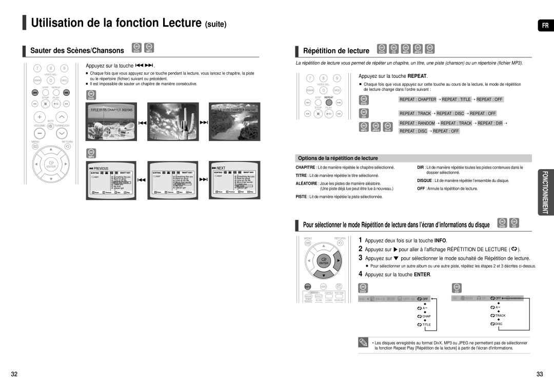 Samsung HT-X20R/XEF, HT-TX22R/XEF Utilisation de la fonction Lecture suite, Répétition de lecture DVD CD MP3 Jpeg DivX 