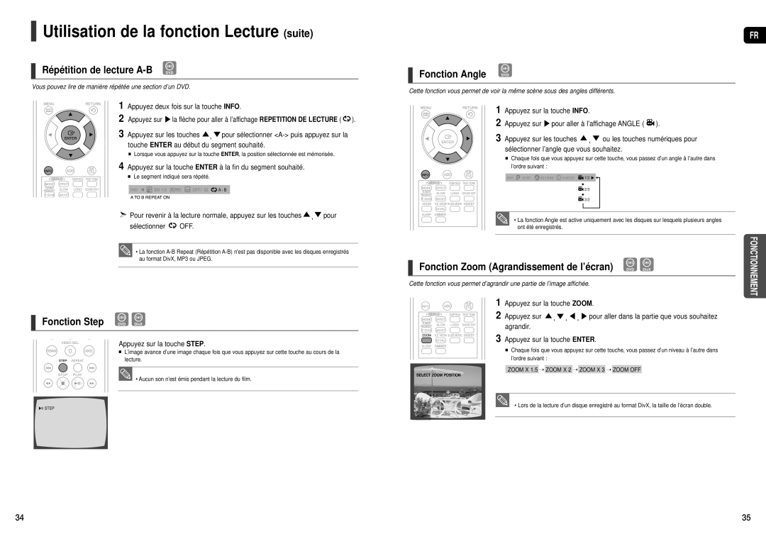 Samsung HT-TX22R/XEF, HT-X20R/XEF manual Répétition de lecture A-B DVD, Fonction Step DVD DivX 