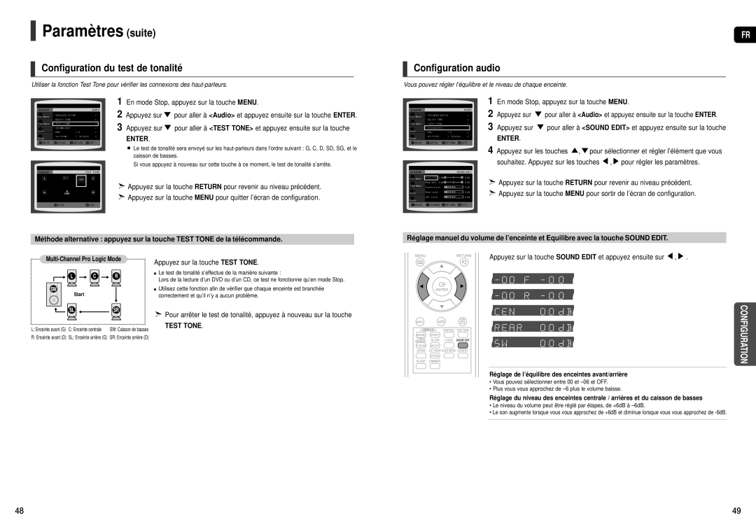 Samsung HT-X20R/XEF, HT-TX22R/XEF manual Configuration du test de tonalité, Configuration audio 