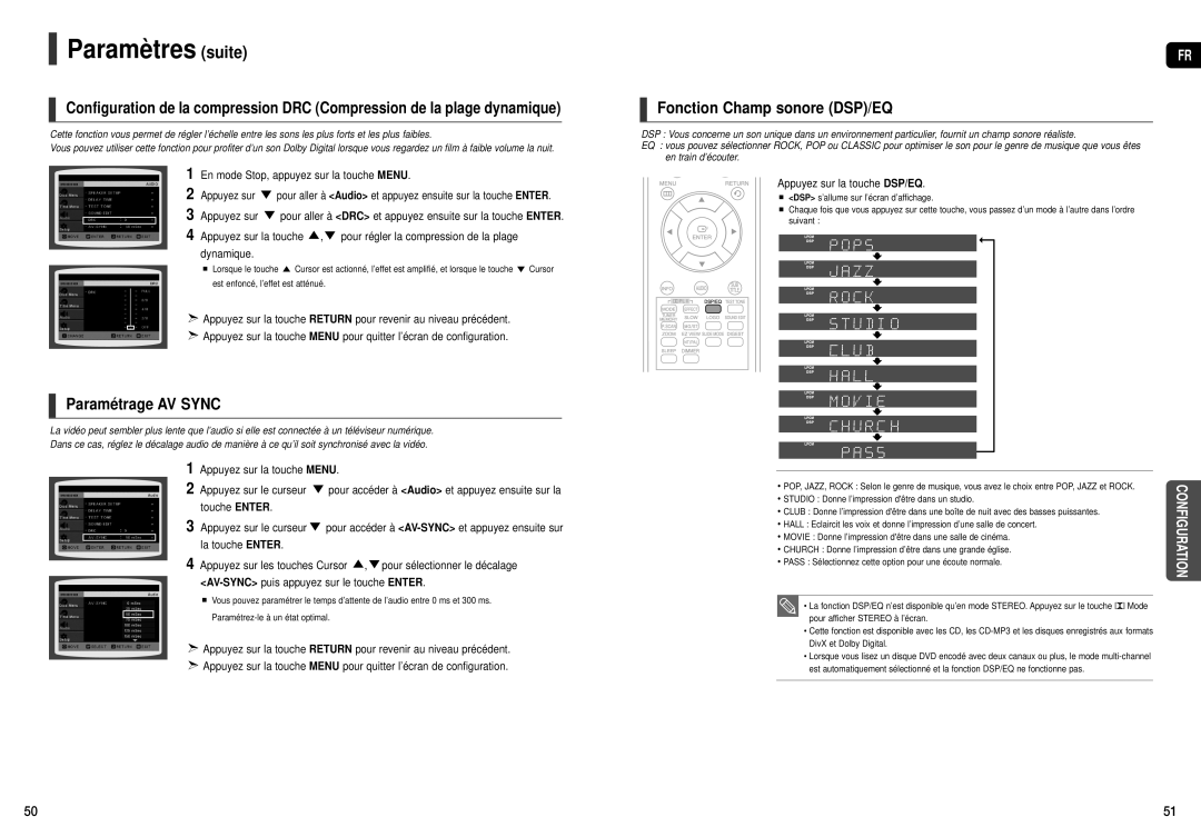 Samsung HT-TX22R/XEF, HT-X20R/XEF manual Fonction Champ sonore DSP/EQ, Paramétrage AV Sync 