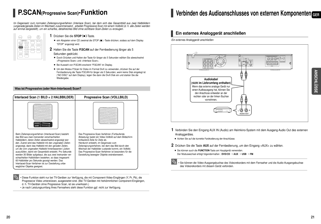 Samsung HT-X20R/XEF manual Ein externes Analoggerät anschließen, Drücken Sie die Stop -Taste, Progressive Scan Vollbild 