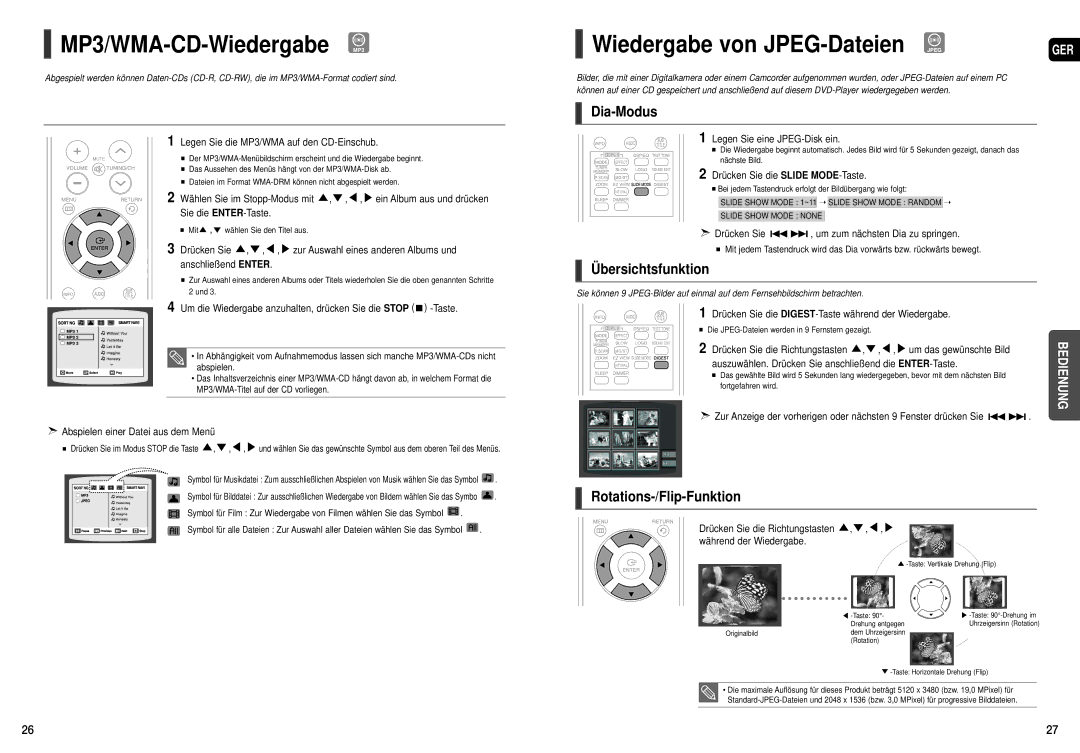 Samsung HT-TX22R/XEF, HT-X20R/XEF manual MP3/WMA-CD-Wiedergabe MP3, Dia-Modus, Übersichtsfunktion, Rotations-/Flip-Funktion 