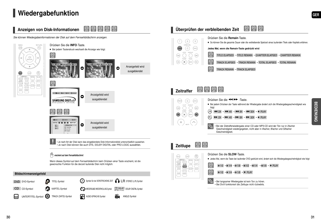 Samsung HT-TX22R/XEF manual Wiedergabefunktion, Anzeigen von Disk-Informationen DVD CD MP3 Jpeg DivX, Zeitlupe DVD DivX 