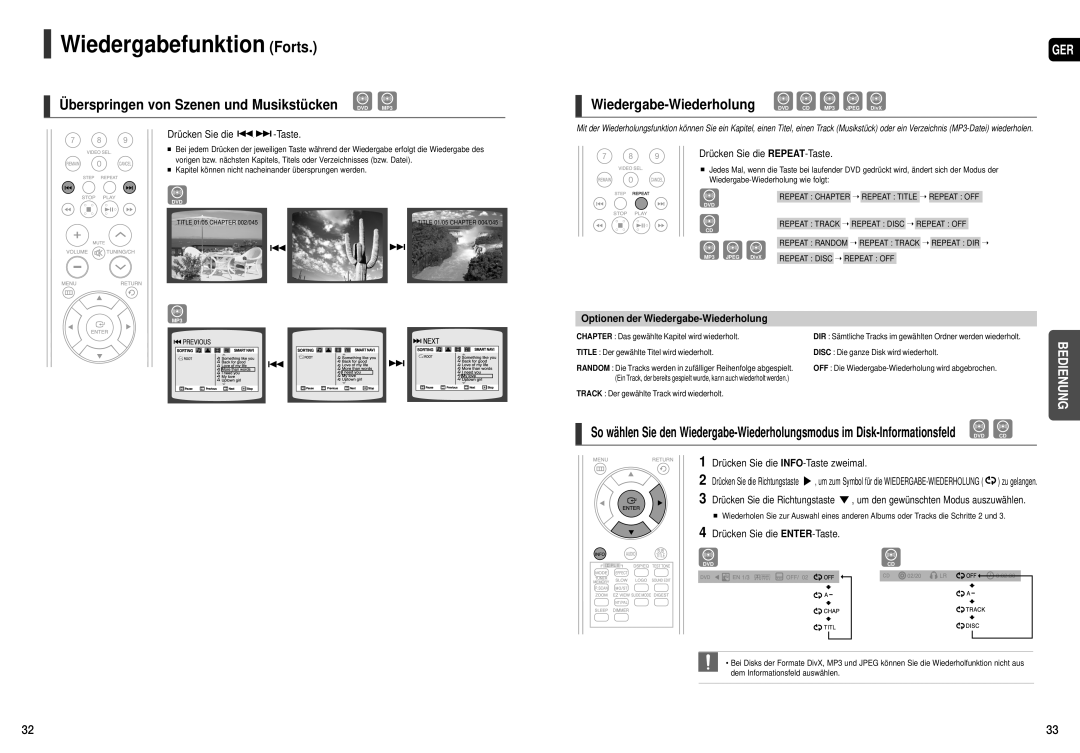 Samsung HT-X20R/XEF, HT-TX22R/XEF manual Wiedergabefunktion Forts, Überspringen von Szenen und Musikstücken DVD MP3 