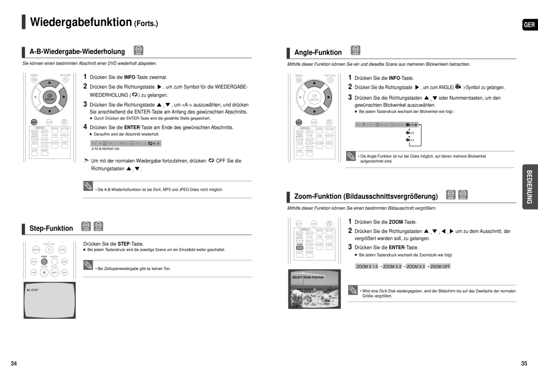 Samsung HT-TX22R/XEF Wiedergabe-Wiederholung DVD, Step-Funktion DVD DivX, Angle-Funktion DVD, Wiederholung zu gelangen 