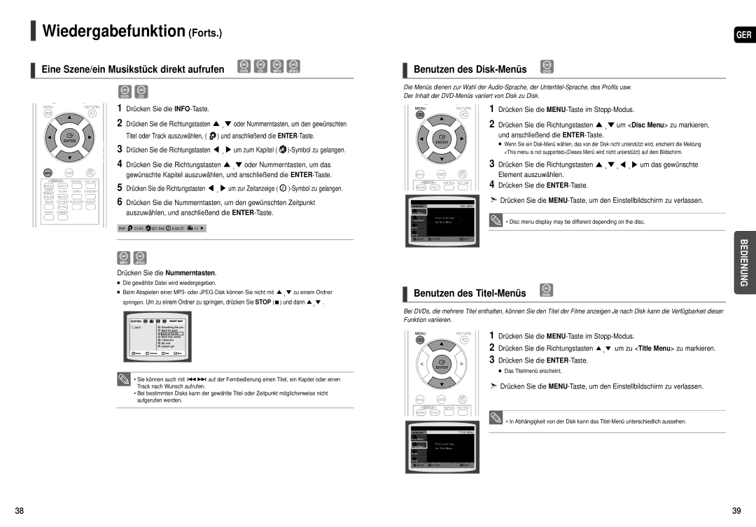 Samsung HT-TX22R/XEF, HT-X20R/XEF manual Benutzen des Disk-Menüs DVD, Benutzen des Titel-Menüs DVD 