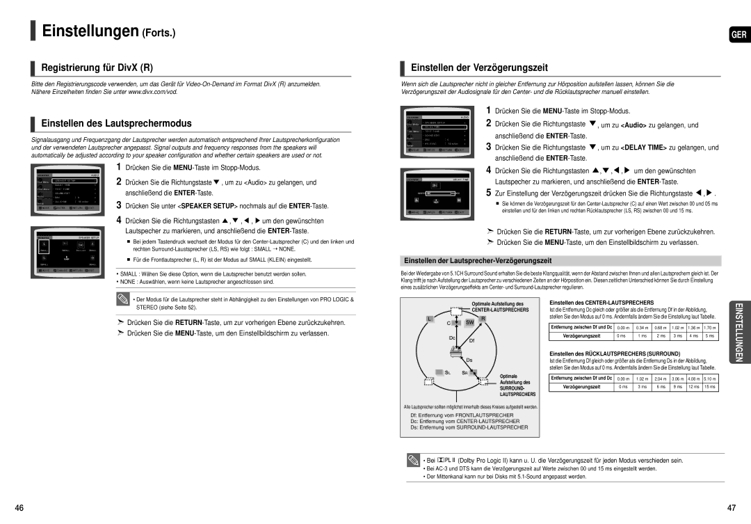 Samsung HT-TX22R/XEF manual Registrierung für DivX R Einstellen des Lautsprechermodus, Einstellen der Verzögerungszeit 