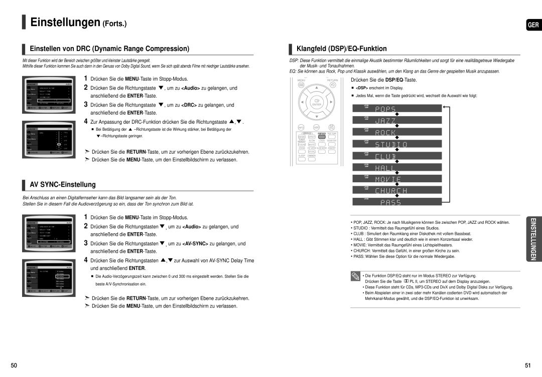 Samsung HT-TX22R/XEF manual Einstellen von DRC Dynamic Range Compression, AV SYNC-Einstellung, Klangfeld DSP/EQ-Funktion 