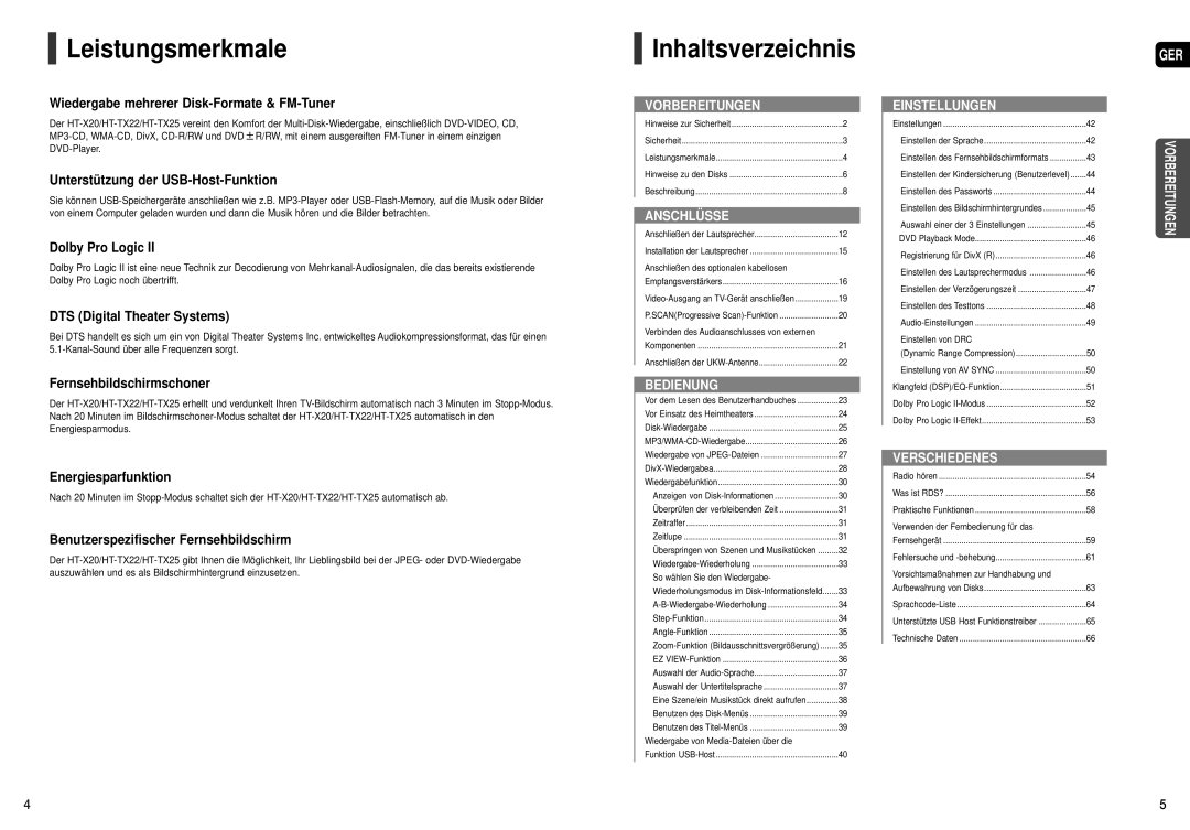 Samsung HT-X20R/XEF, HT-TX22R/XEF manual Leistungsmerkmale, Inhaltsverzeichnis 