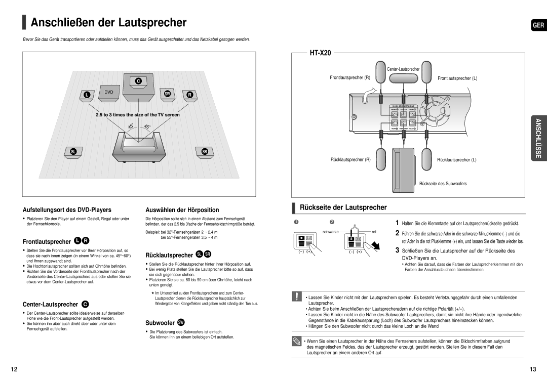 Samsung HT-X20R/XEF, HT-TX22R/XEF manual Anschließen der Lautsprecher, Rückseite der Lautsprecher 