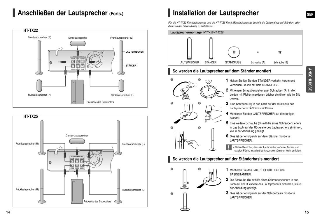 Samsung HT-TX22R/XEF Anschließen der Lautsprecher Forts, HT-TX25, So werden die Lautsprecher auf dem Ständer montiert 