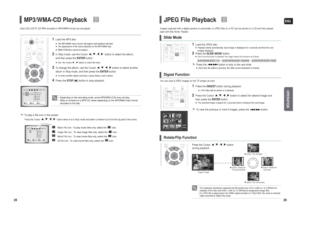 Samsung HT-TX250 MP3/WMA-CD Playback MP3, Jpeg File Playback Jpeg, Slide Mode, Digest Function, Rotate/Flip Function 