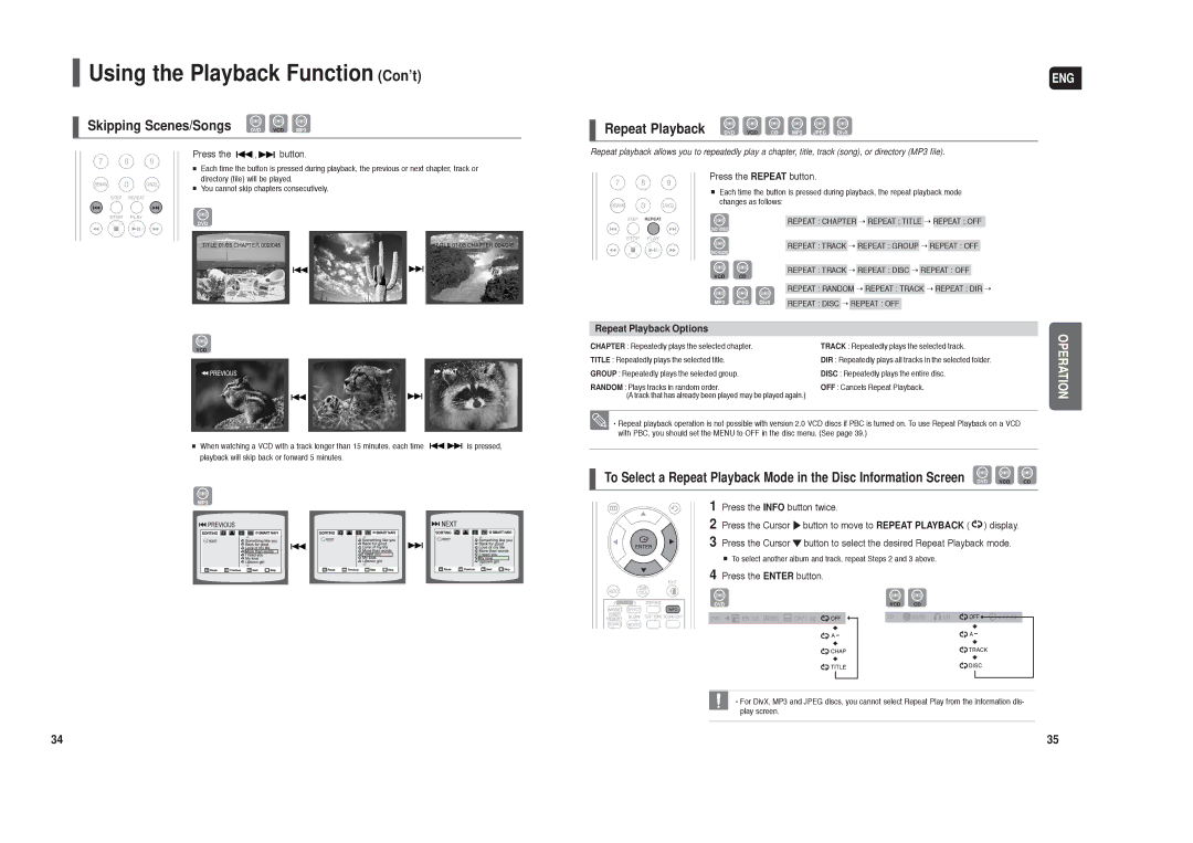 Samsung HT-TX250 Using the Playback Function Con’t, Skipping Scenes/Songs DVD VCD MP3, Repeat Playback Options 