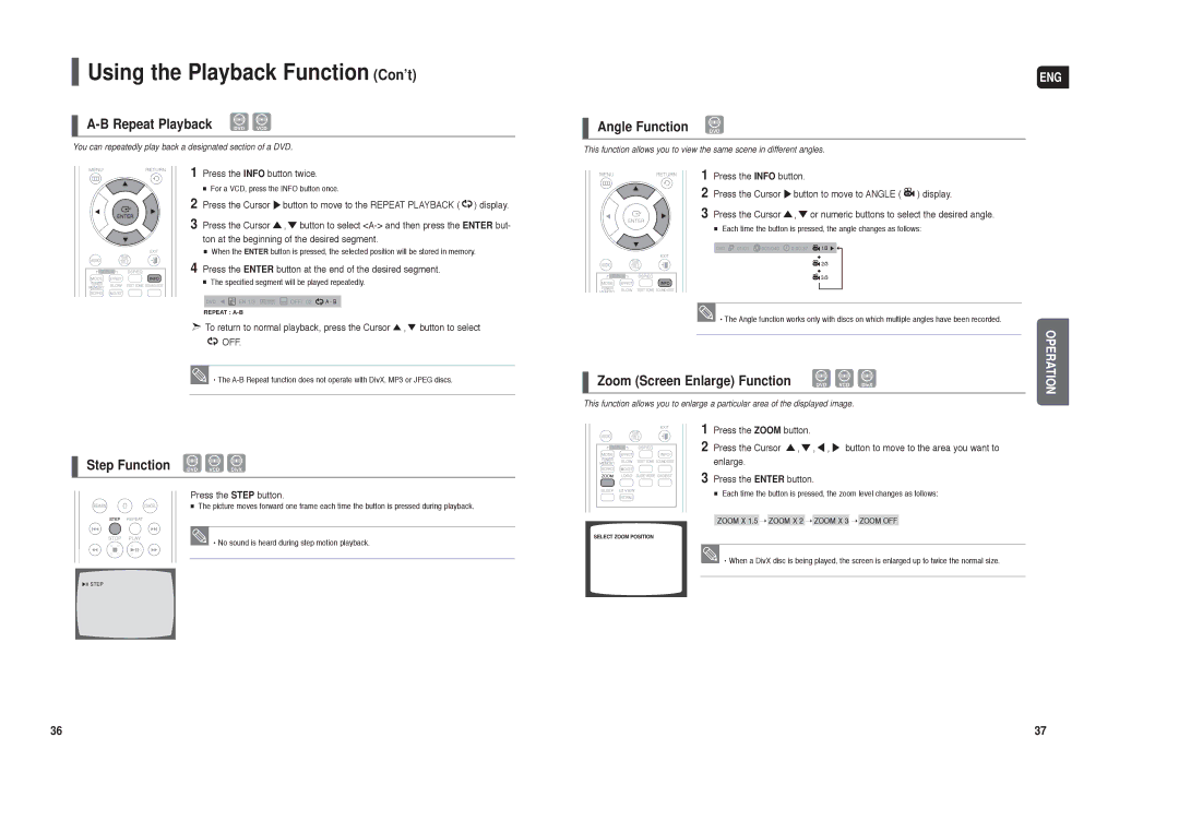 Samsung HT-TX250 instruction manual Repeat Playback, Step Function DVD VCD DivX, Angle Function DVD 