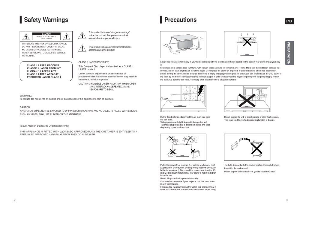 Samsung HT-TX250 instruction manual Safety Warnings, Precautions, Saudi Arabian Standards Organisation only 