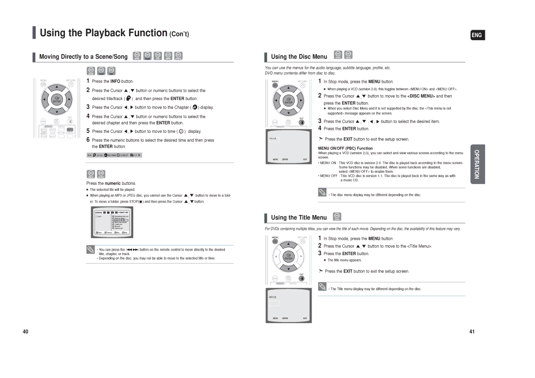 Samsung HT-TX250 instruction manual Moving Directly to a Scene/Song, Using the Disc Menu DVD VCD, Using the Title Menu DVD 