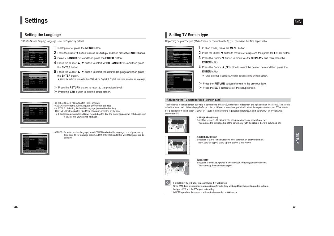 Samsung HT-TX250 Settings, Setting the Language, Setting TV Screen type, Adjusting the TV Aspect Ratio Screen Size 