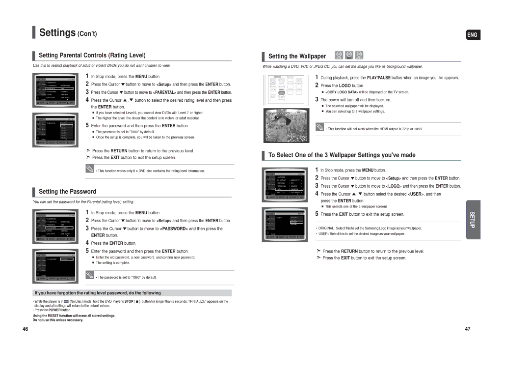 Samsung HT-TX250 Settings Con’t, Setting Parental Controls Rating Level, Setting the Wallpaper, Setting the Password 