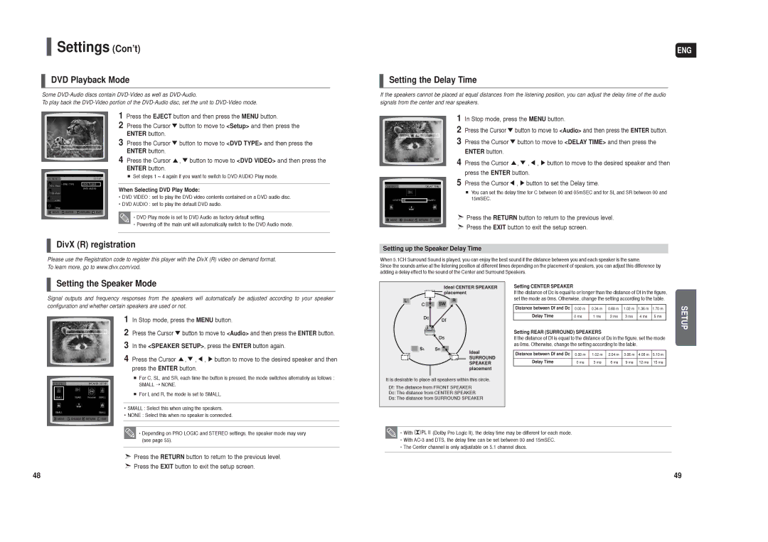 Samsung HT-TX250 DVD Playback Mode, Setting the Delay Time, DivX R registration, Setting the Speaker Mode 