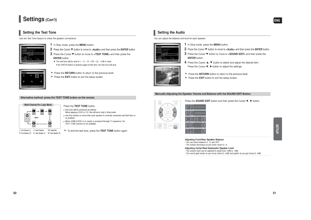 Samsung HT-TX250 Setting the Test Tone, Setting the Audio, Alternative method press the Test Tone button on the remote 