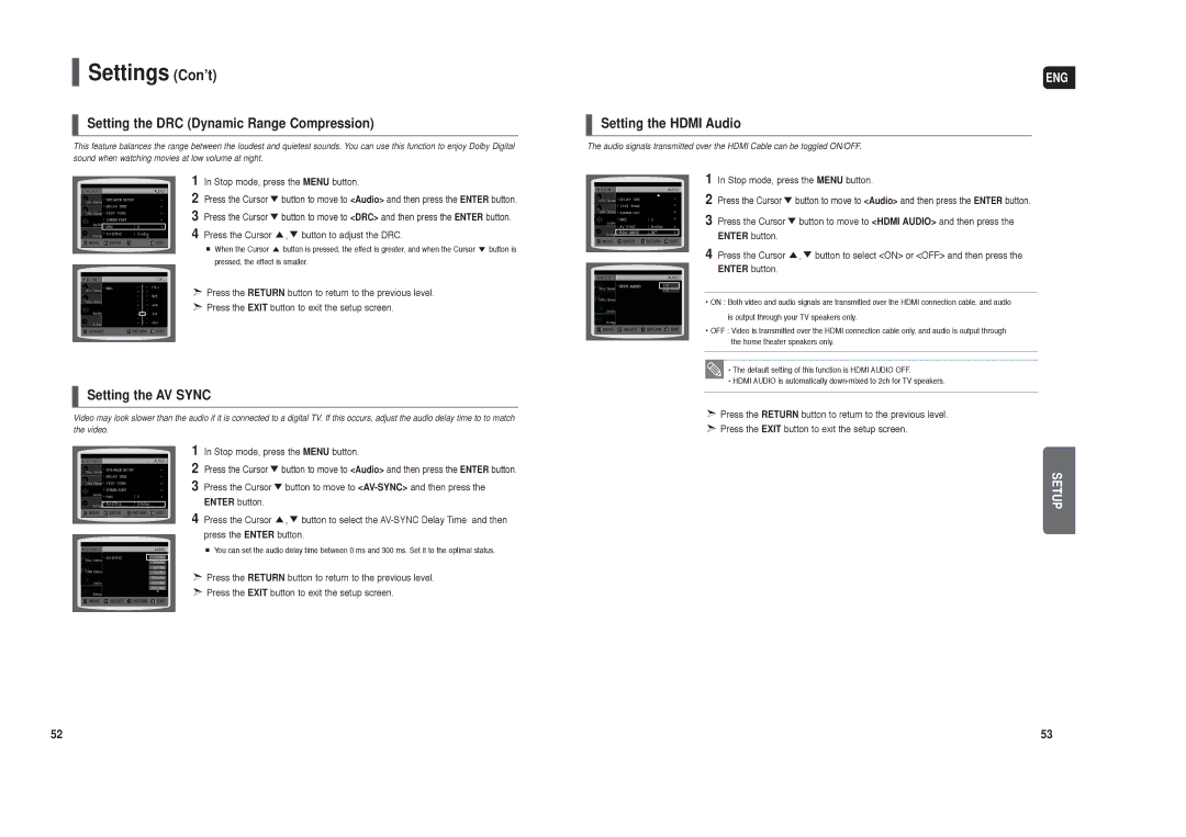 Samsung HT-TX250 instruction manual Setting the DRC Dynamic Range Compression, Setting the Hdmi Audio, Setting the AV Sync 