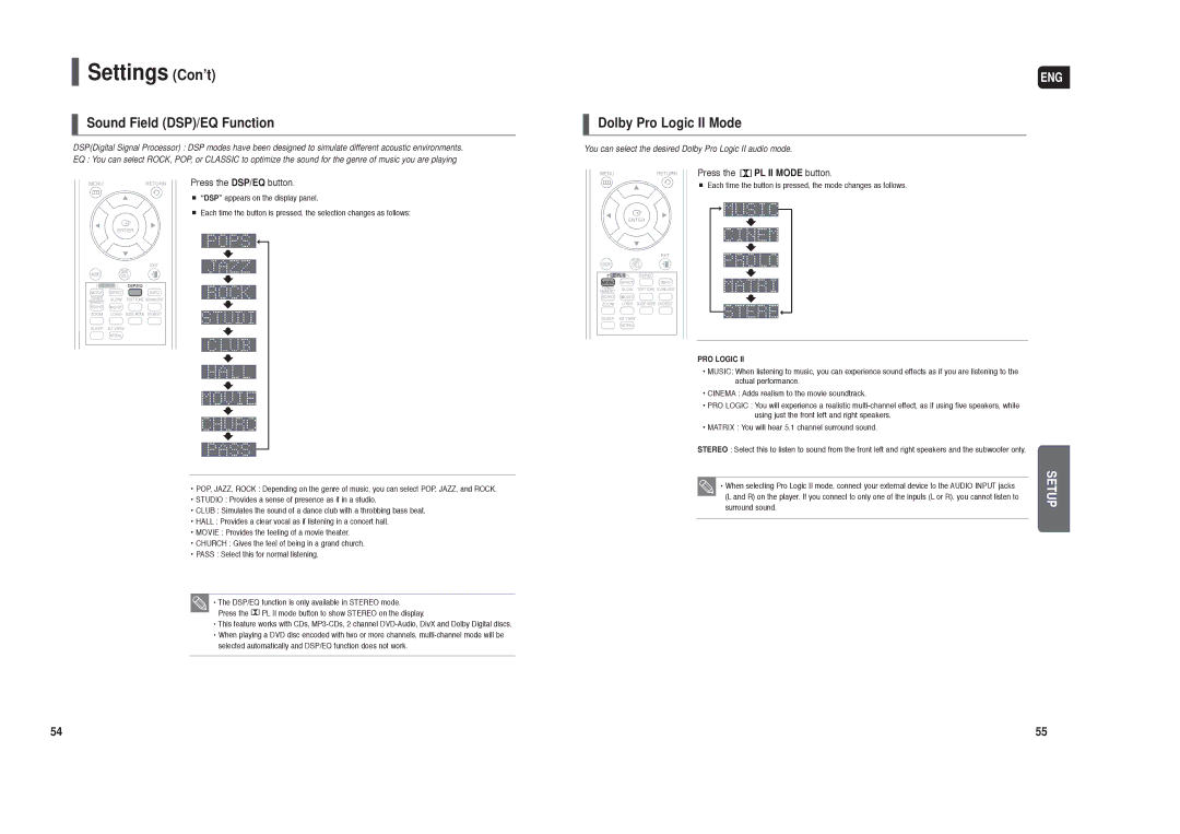 Samsung HT-TX250 instruction manual Sound Field DSP/EQ Function, Dolby Pro Logic II Mode, Press the DSP/EQ button 