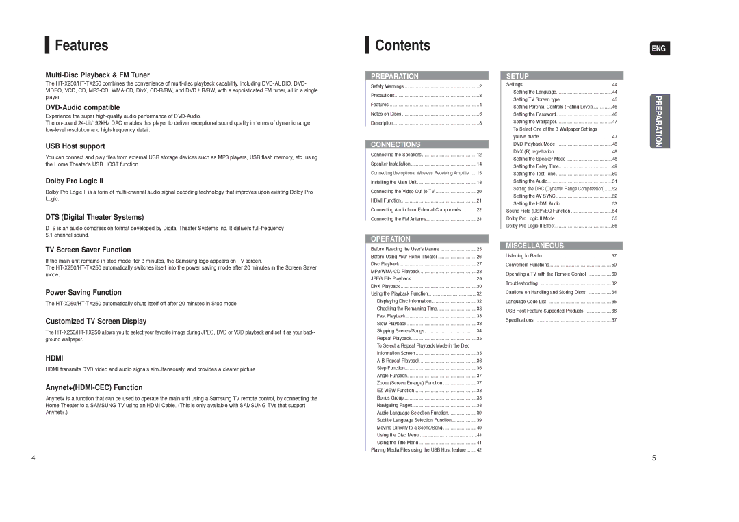 Samsung HT-TX250 instruction manual Features, Contents 