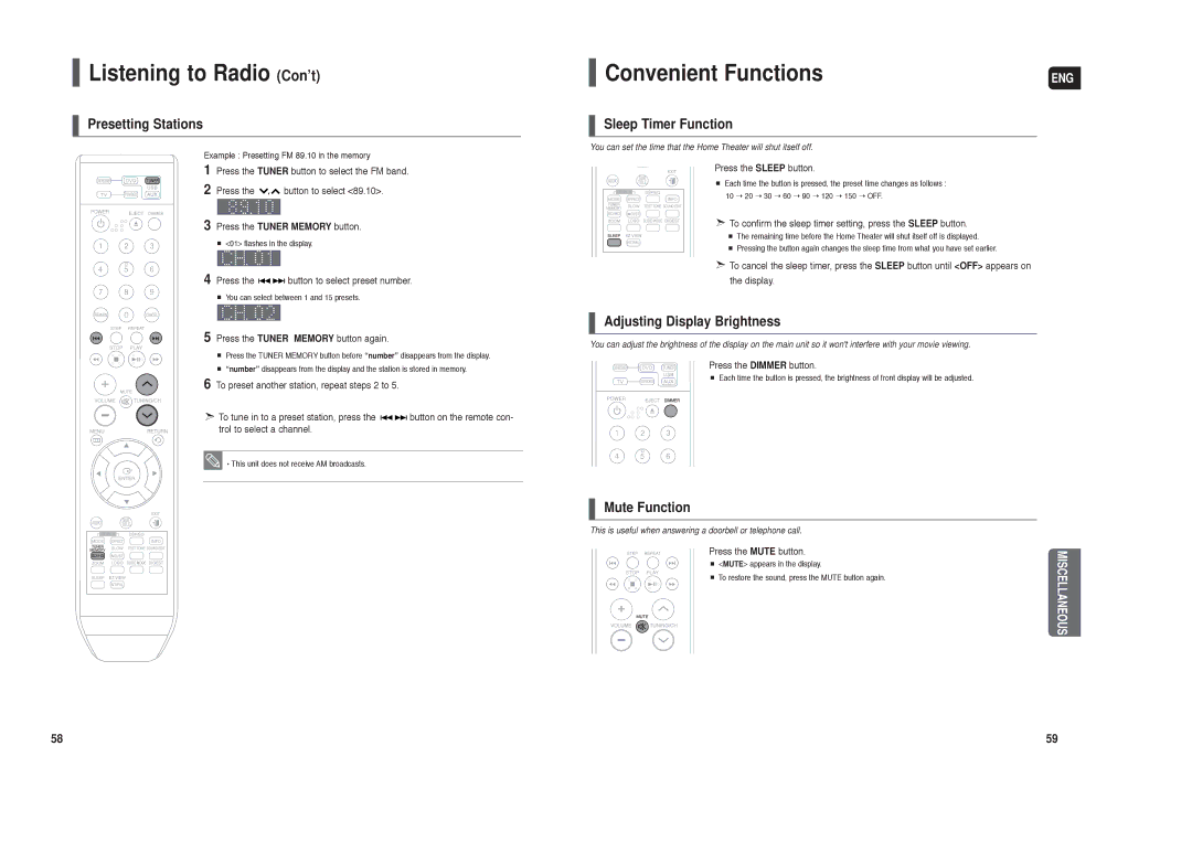 Samsung HT-TX250 instruction manual Listening to Radio Con’t, Convenient Functions 