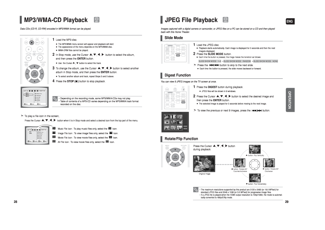 Samsung HT-TX250 MP3/WMA-CDPlayback MP3, JPEG File Playback JPEG, Slide Mode, Digest Function, Rotate/Flip Function 