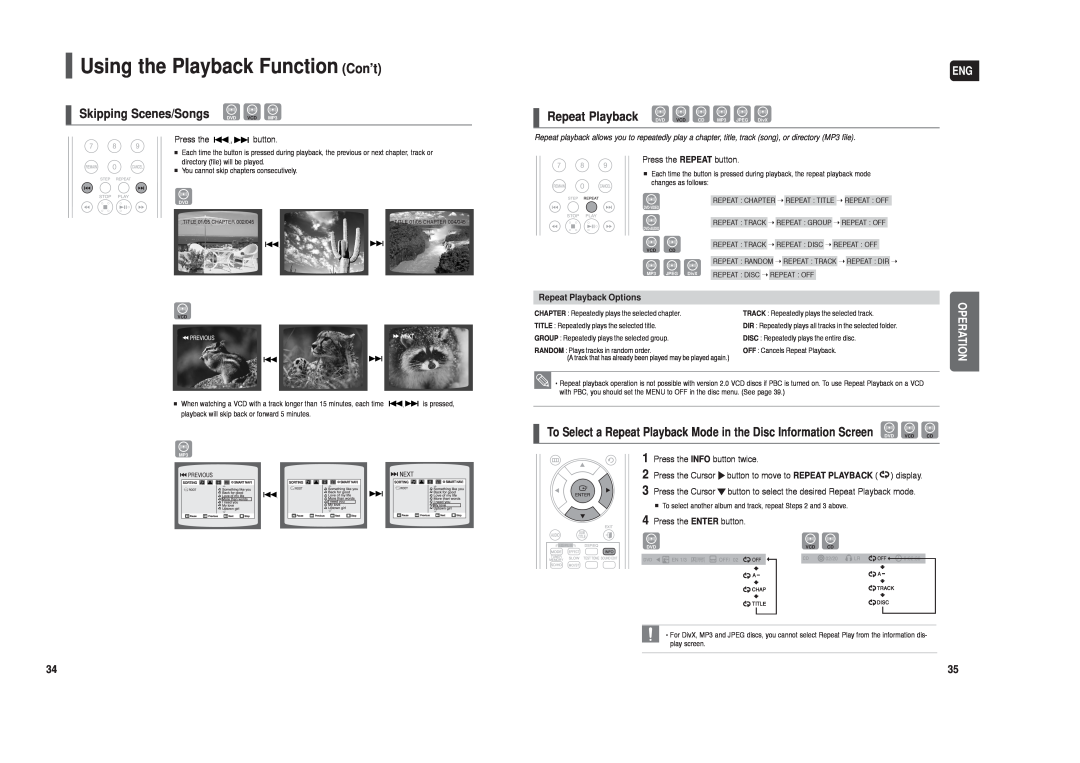 Samsung HT-TX250 instruction manual Using the Playback Function Con’t, Skipping Scenes/Songs DVD VCD MP3, Operation 
