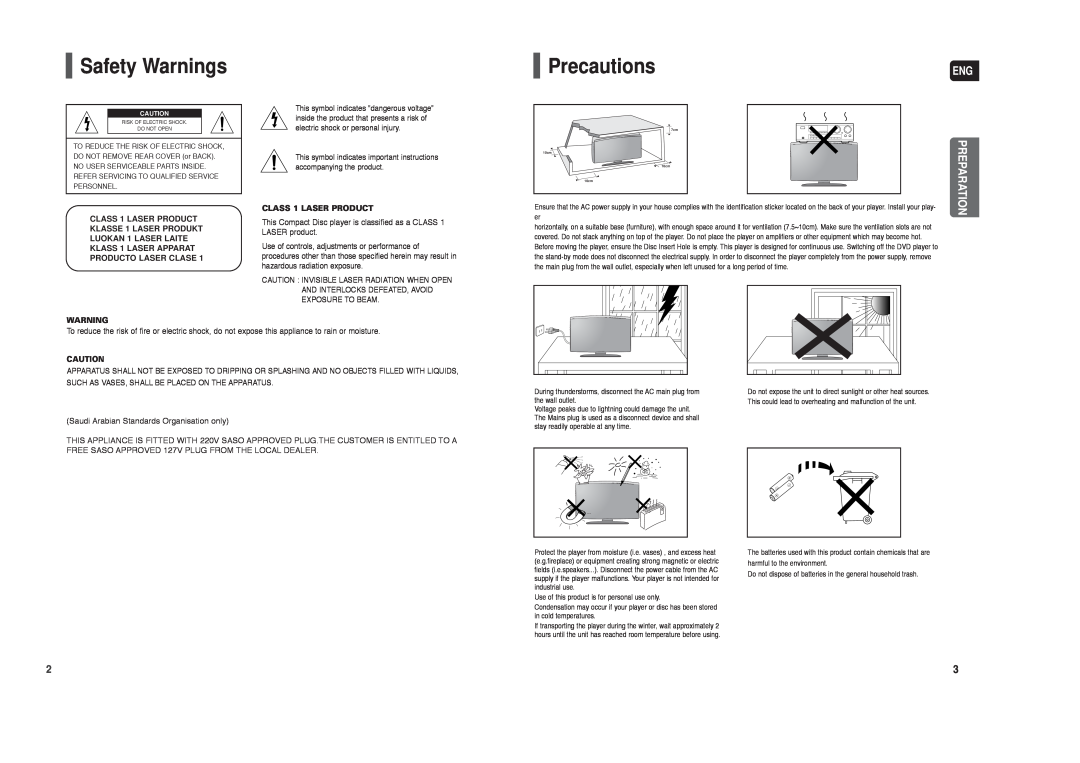 Samsung HT-TX250 instruction manual Safety Warnings, Precautions, Preparation, CLASS 1 LASER PRODUCT 