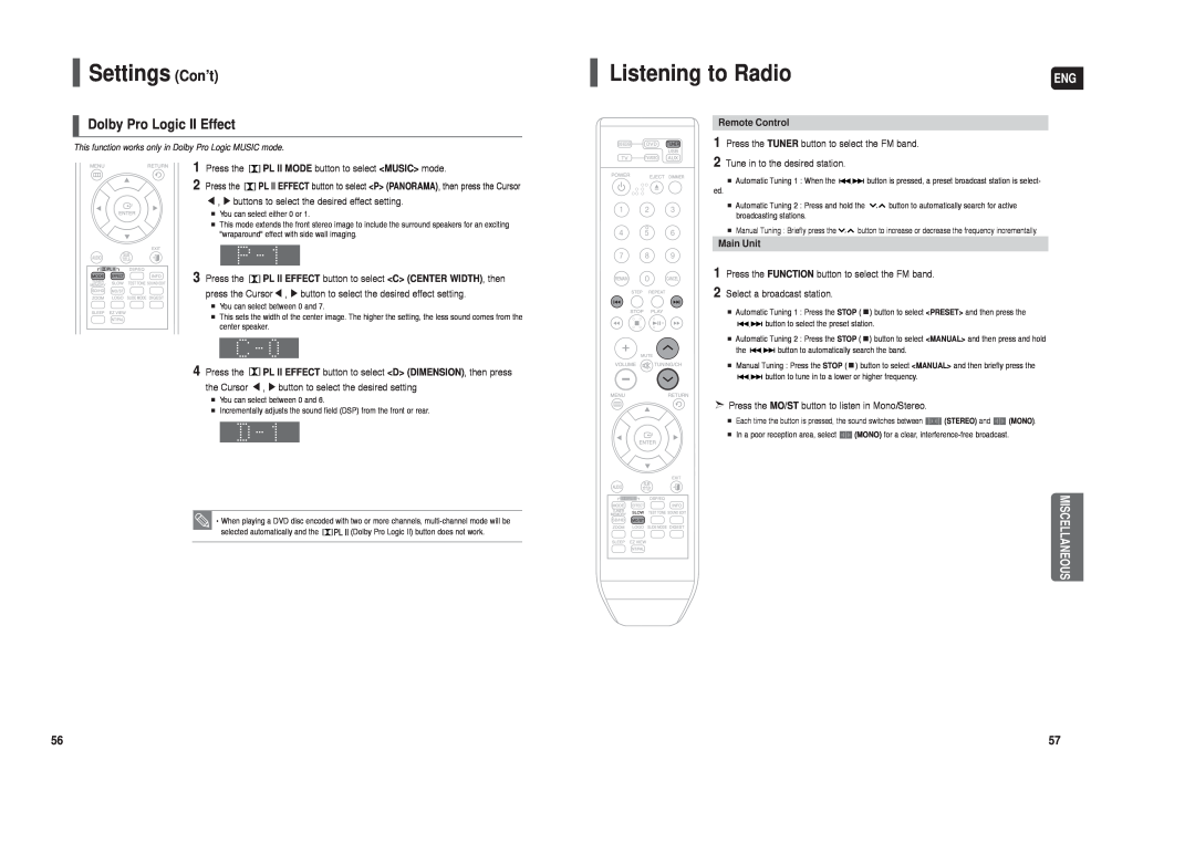 Samsung HT-TX250 instruction manual Listening to Radio, Dolby Pro Logic II Effect, Miscellaneous, Settings Con’t, Press the 