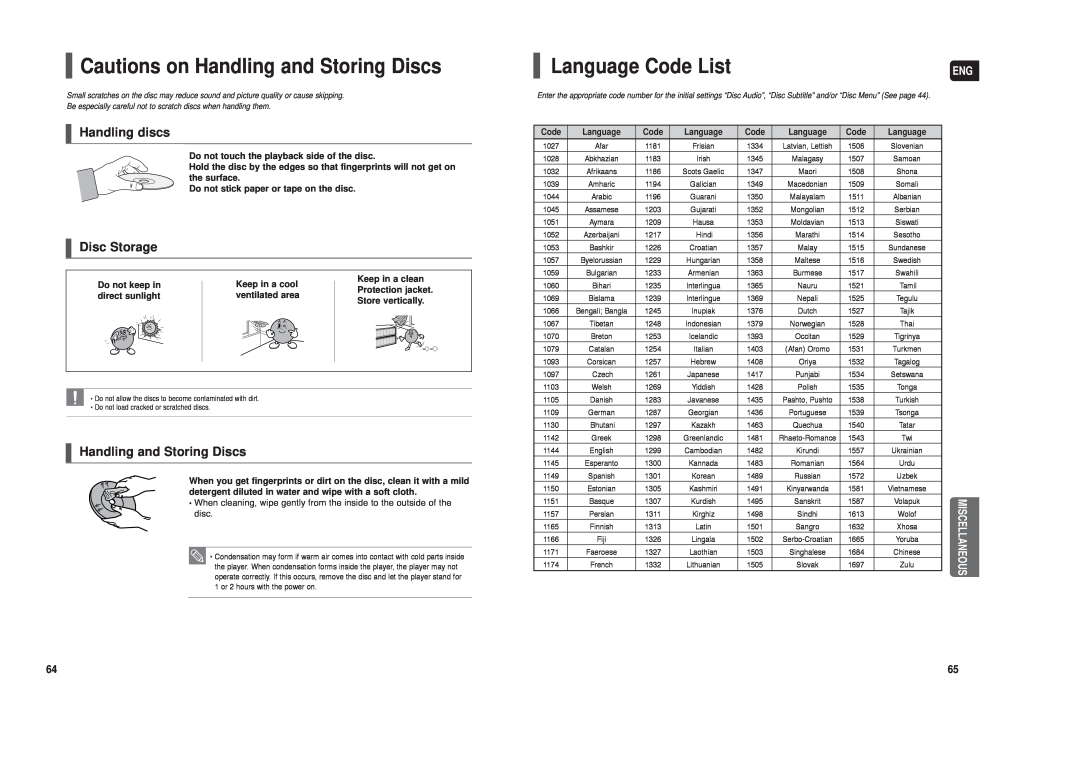 Samsung HT-TX250 Cautions on Handling and Storing Discs, Language Code List, Handling discs, Disc Storage, Miscellaneous 