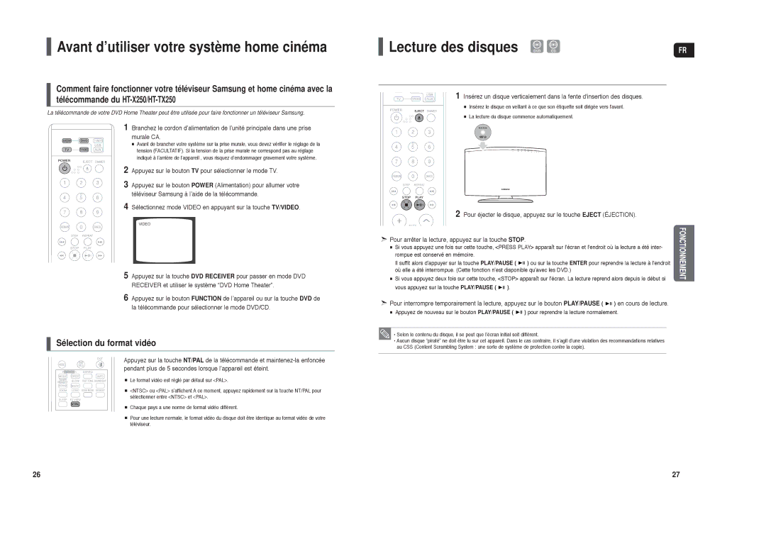 Samsung HT-TX250R/XEF, HT-X250R/XEF manual Lecture des disques DVD CD 