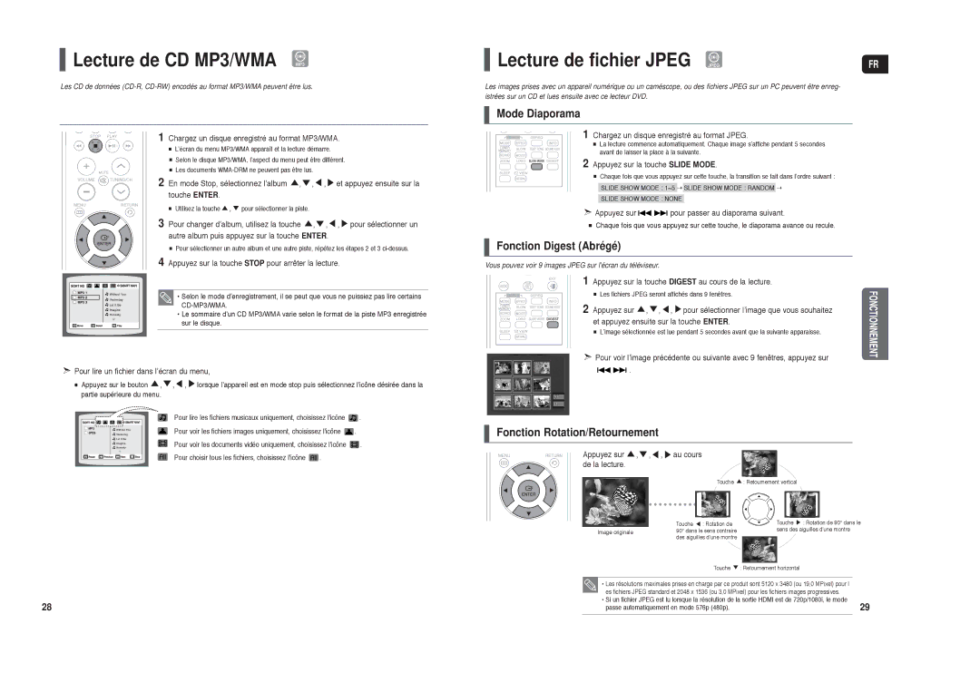 Samsung HT-X250R/XEF manual Lecture de CD MP3/WMA, Lecture de fichier Jpeg Jpeg, Mode Diaporama, Fonction Digest Abrégé 