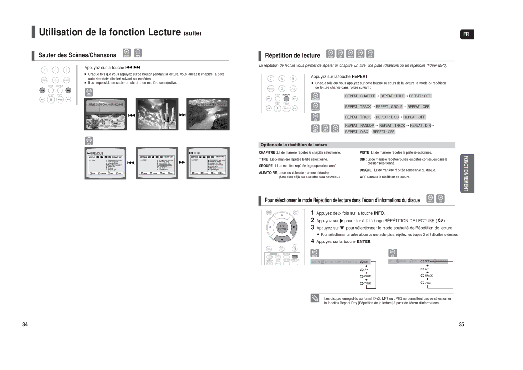 Samsung HT-TX250R/XEF, HT-X250R/XEF manual Utilisation de la fonction Lecture suite, Sauter des Scènes/Chansons 