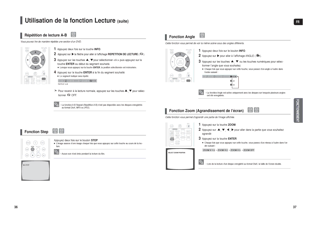 Samsung HT-X250R/XEF, HT-TX250R/XEF manual Répétition de lecture A-B DVD, Fonction Step DVD DivX, Fonction Angle 