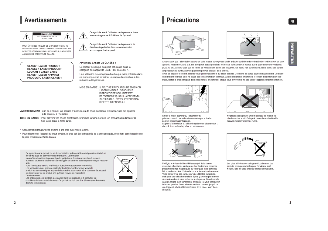 Samsung HT-TX250R/XEF, HT-X250R/XEF manual Avertissements Précautions, Appareil Laser DE Classe 