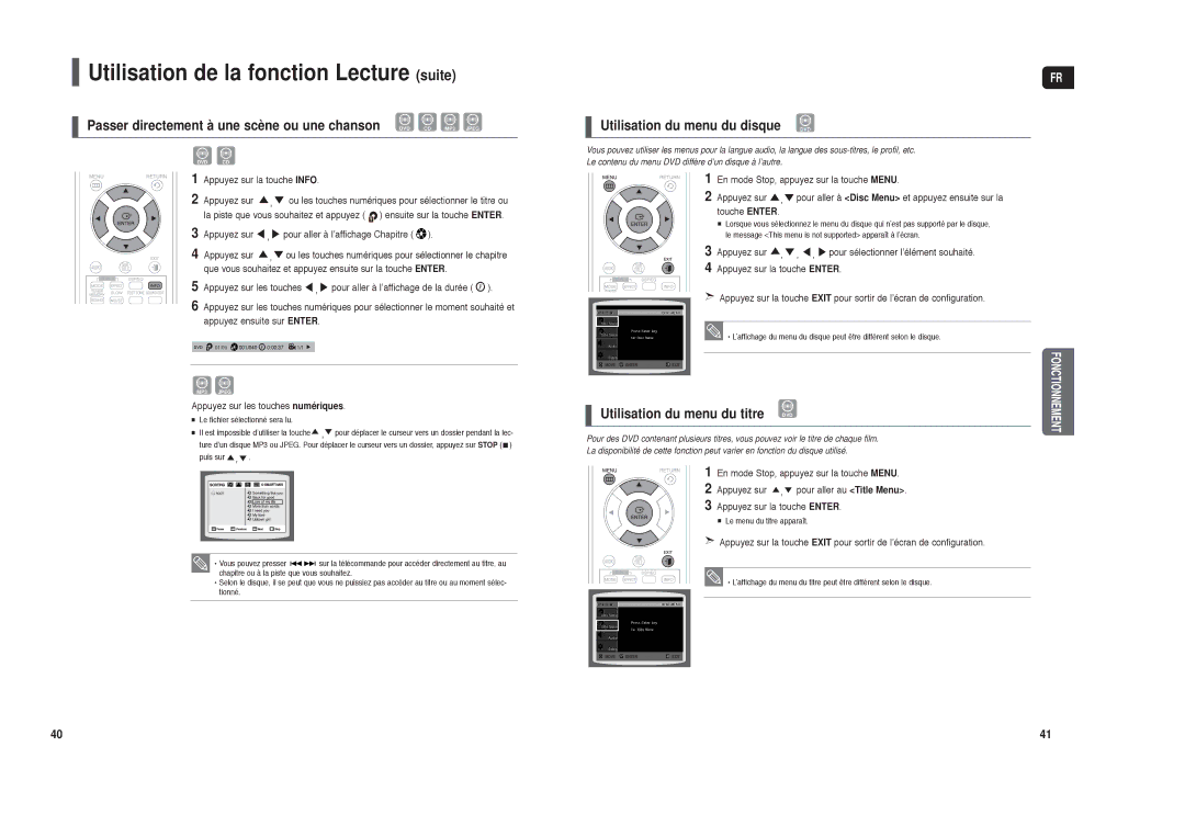 Samsung HT-X250R/XEF, HT-TX250R/XEF Passer directement à une scène ou une chanson DVD, Utilisation du menu du disque DVD 