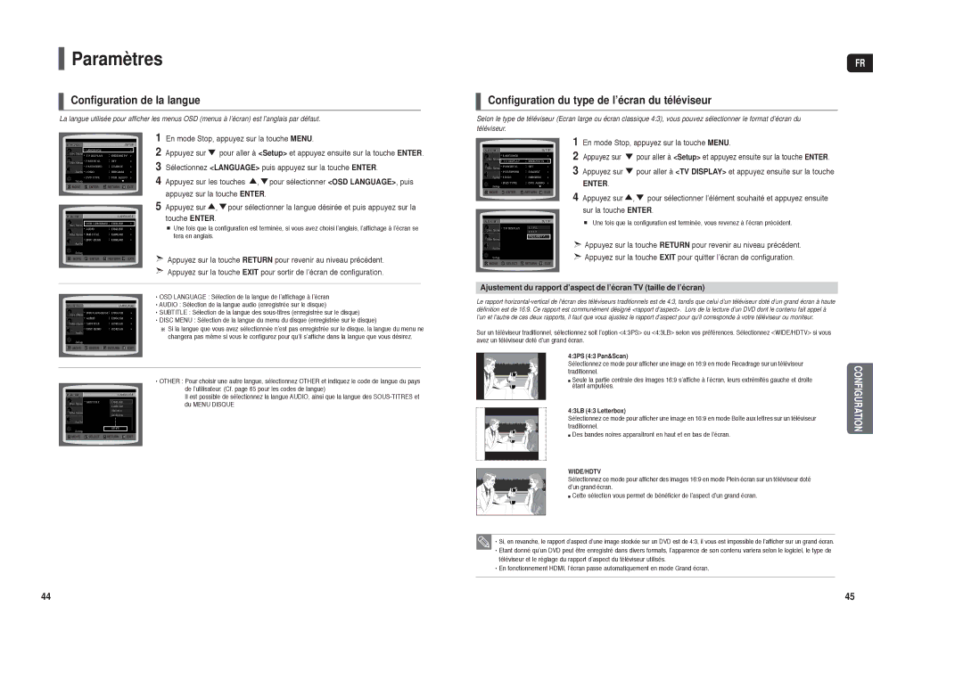 Samsung HT-X250R/XEF Paramètres, Configuration de la langue, Configuration du type de l’écran du téléviseur, Touche Enter 