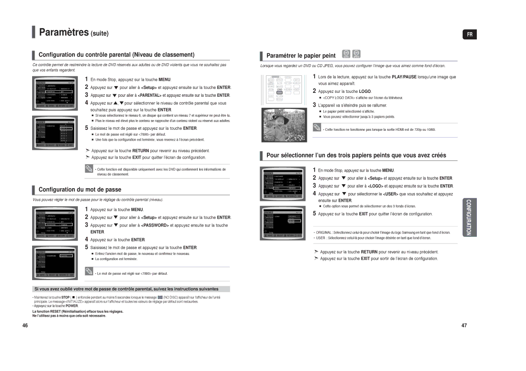 Samsung HT-TX250R/XEF, HT-X250R/XEF manual Paramètres suite, Configuration du contrôle parental Niveau de classement 