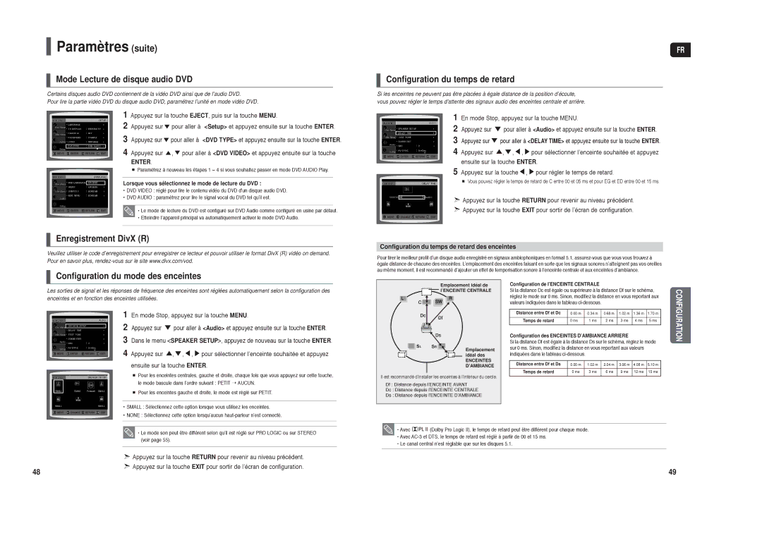 Samsung HT-X250R/XEF, HT-TX250R/XEF manual Mode Lecture de disque audio DVD, Configuration du temps de retard 