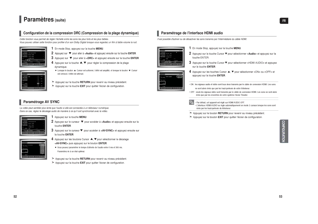 Samsung HT-X250R/XEF, HT-TX250R/XEF manual Paramétrage de linterface Hdmi audio, Paramétrage AV Sync 