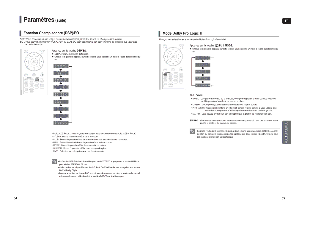 Samsung HT-TX250R/XEF, HT-X250R/XEF manual Fonction Champ sonore DSP/EQ, Mode Dolby Pro Logic, Appuyez sur la touche DSP/EQ 