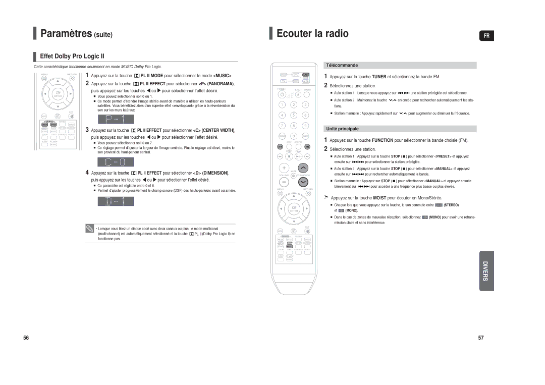 Samsung HT-X250R/XEF, HT-TX250R/XEF manual Ecouter la radio, Effet Dolby Pro Logic, Télécommande, Unité principale 