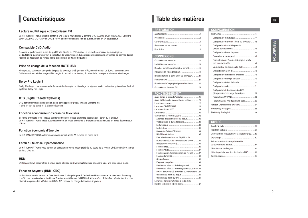 Samsung HT-X250R/XEF, HT-TX250R/XEF manual Caractéristiques, Table des matières 