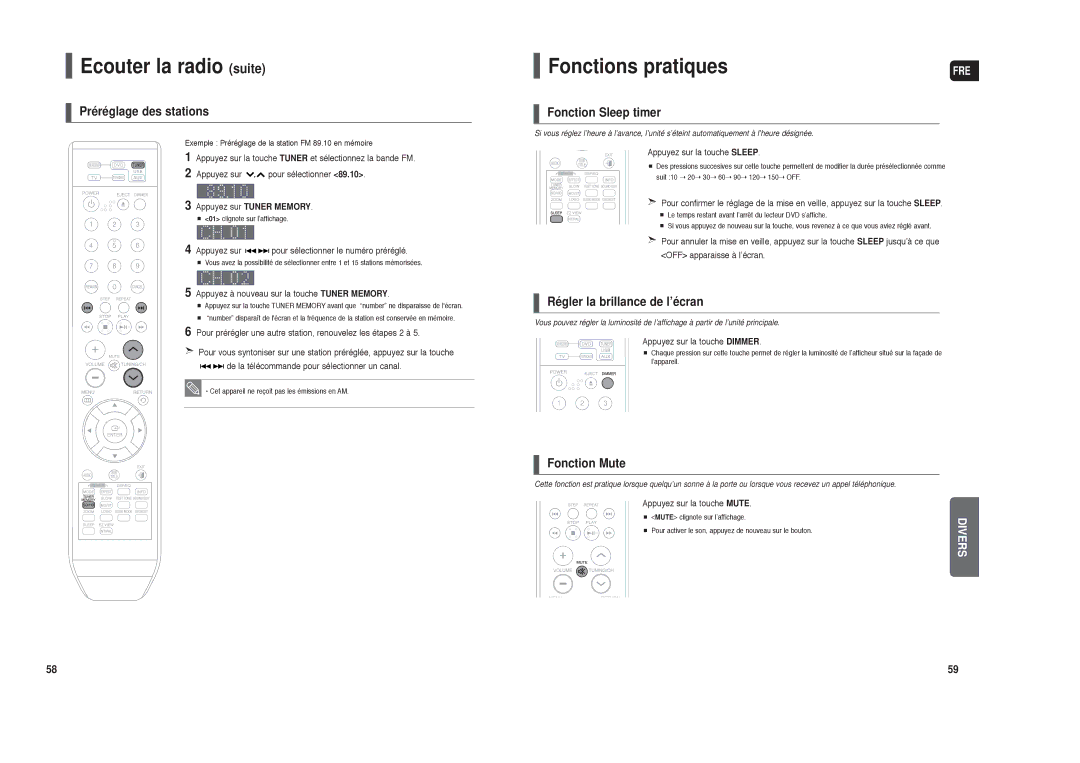 Samsung HT-TX250R/XEF, HT-X250R/XEF manual Ecouter la radio suite, Fonctions pratiques 