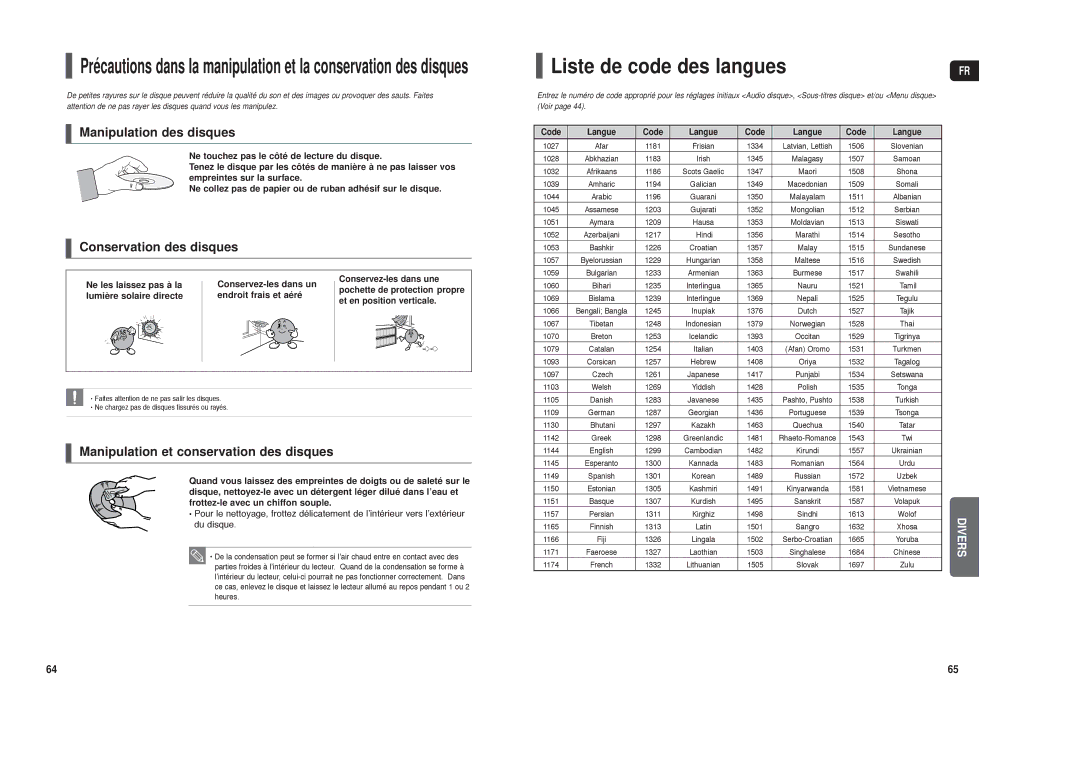 Samsung HT-X250R/XEF, HT-TX250R/XEF manual Liste de code des langues, Code Langue 